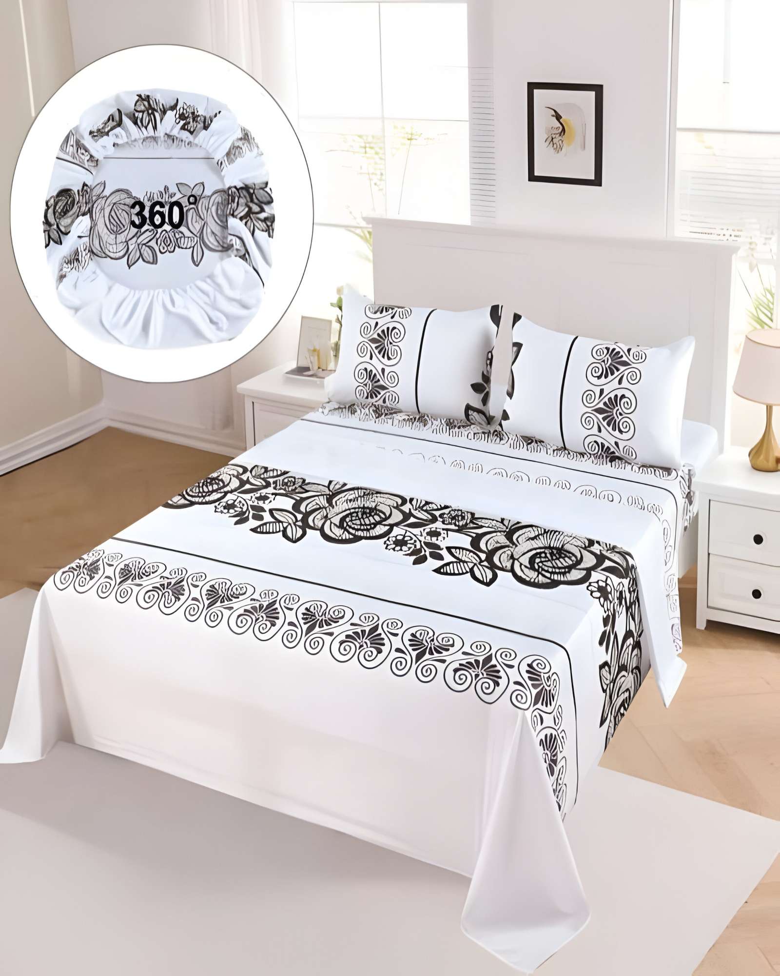 JUEGO DE SABANAS DISEÑO ESTAMPADAS 2 PLAZAS BLANCO - 3