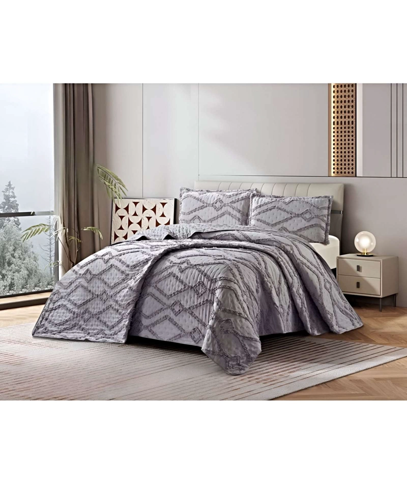 QUILT VERANO DISEÑO GEOMETRICO TUFTING PLAZA Y MEDIA GRIS - 4