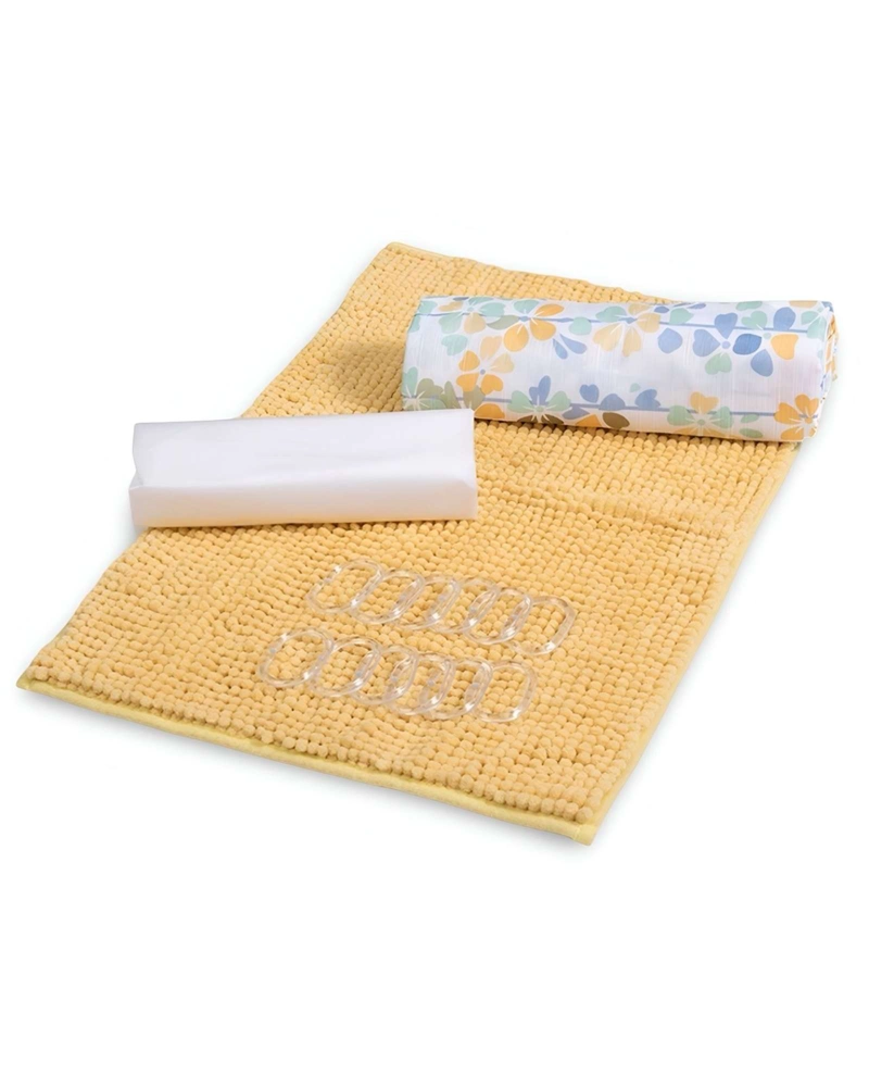 SET DE BAÑO EN CAJA 4 PIEZAS CORTINA CON ALFOMBRA MASHINI - 1