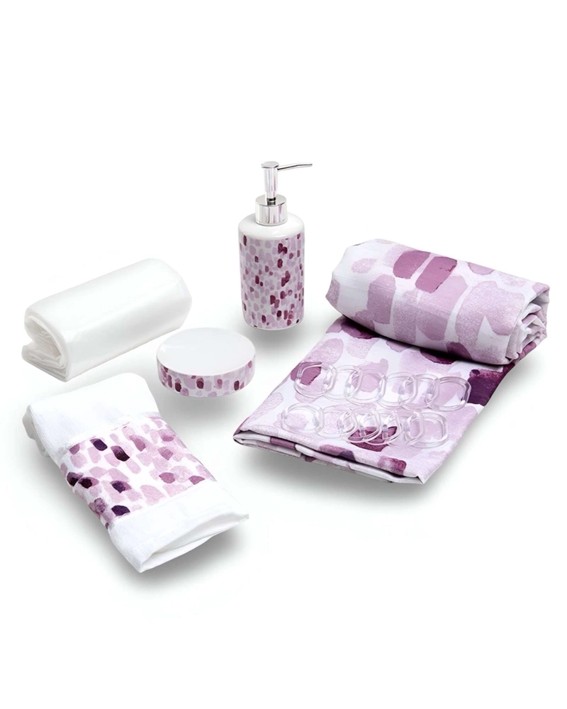 SET DE BAÑO EN CAJA 6 PIEZAS CORTINA, TOALLA Y JABONERAS MASHINI - 1