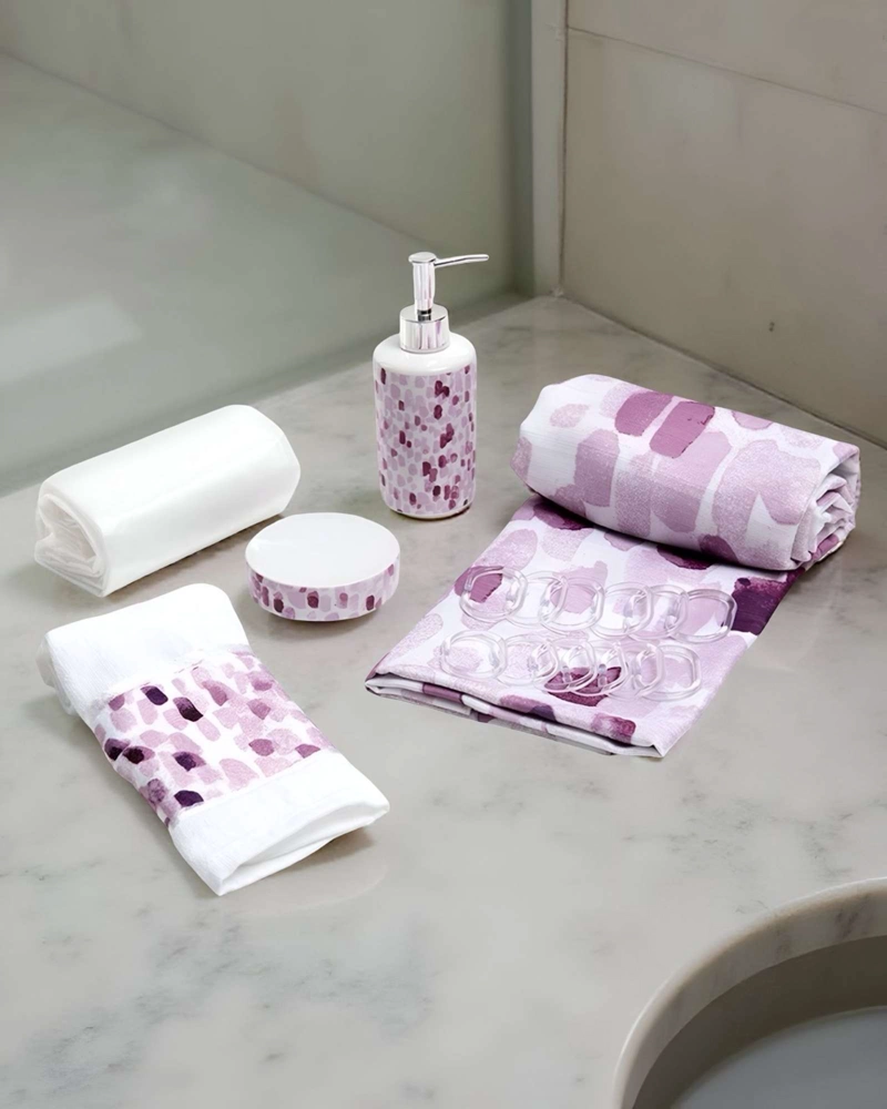 SET DE BAÑO EN CAJA 6 PIEZAS CORTINA, TOALLA Y JABONERAS MASHINI - 4