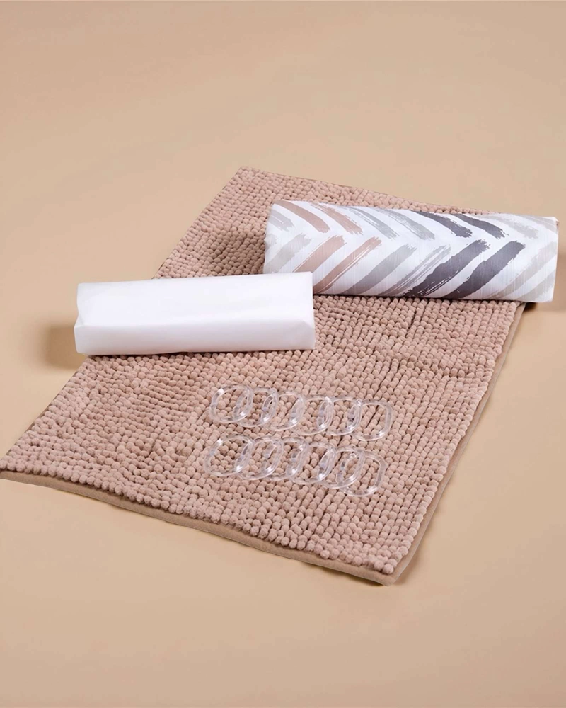 SET DE BAÑO EN CAJA 4 PIEZAS CORTINA CON ALFOMBRA MASHINI - 4