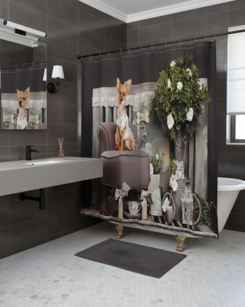 CORTINA DE BAÑO TELA GE NERO + FORRO IMPERMEABLE - 1
