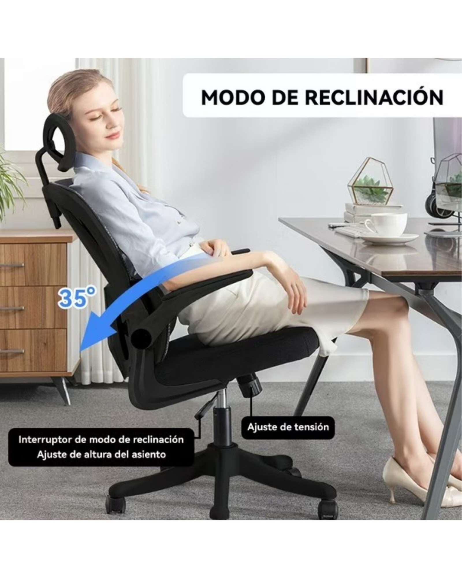 SILLA ERGONOMICA DE OFICINA CON APOYACABEZA  NEGRA - 4