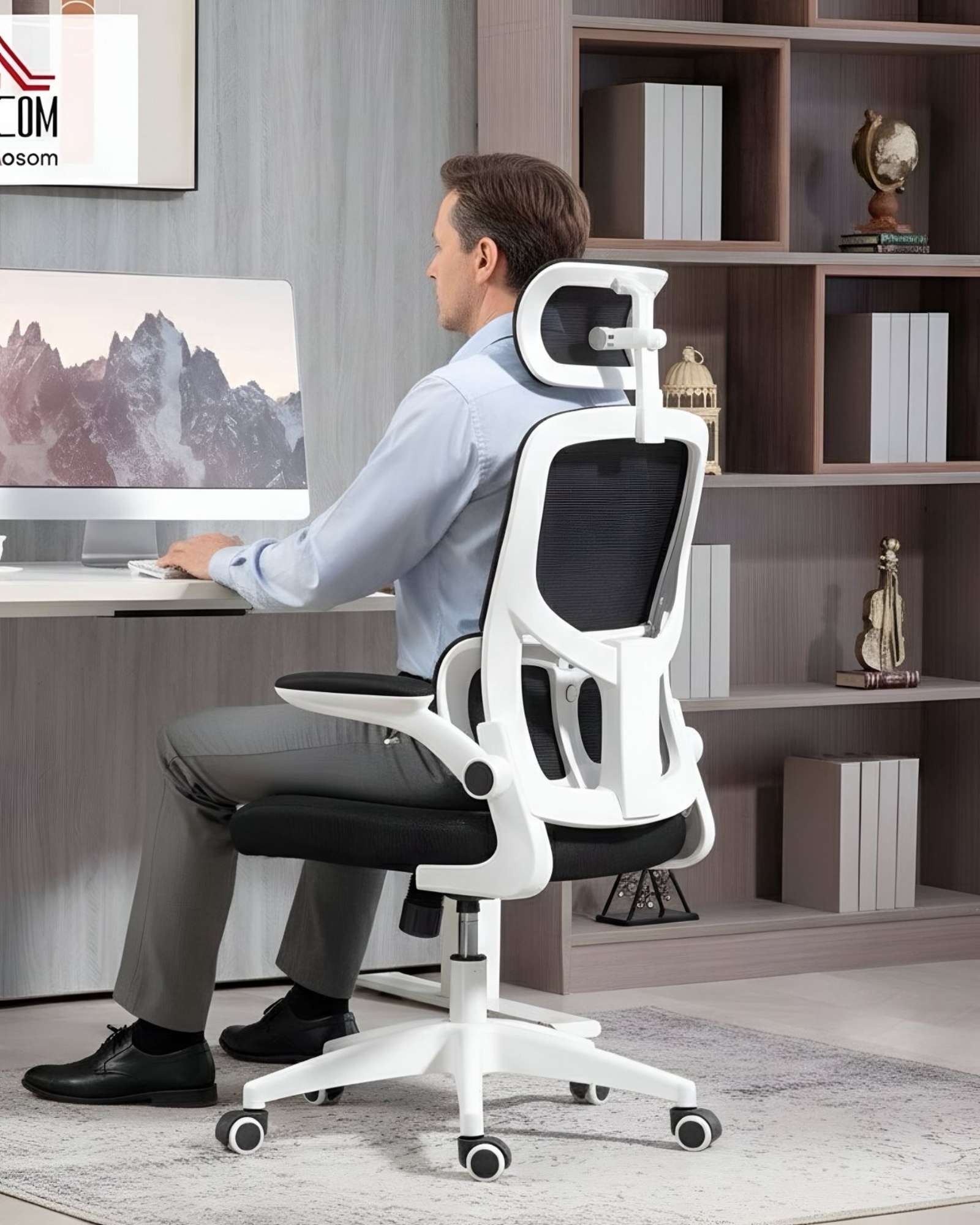 SILLA ERGONOMICA DE OFICINA CON APOYACABEZA BLANCA - 1