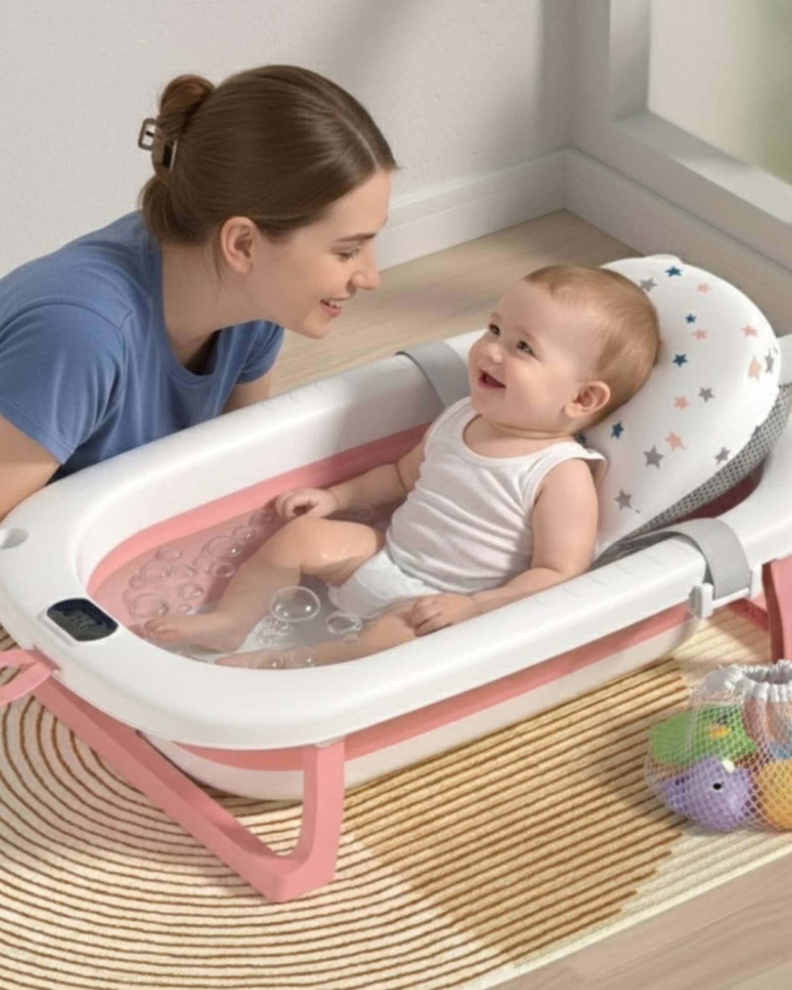 BAÑERA BEBE TINA PLEGABLE CON TERMOMETRO Y COJIN ROSA - 1