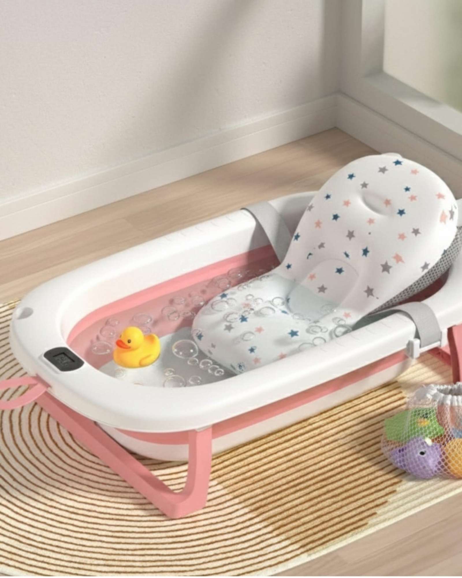 BAÑERA BEBE TINA PLEGABLE CON TERMOMETRO Y COJIN ROSA - 3