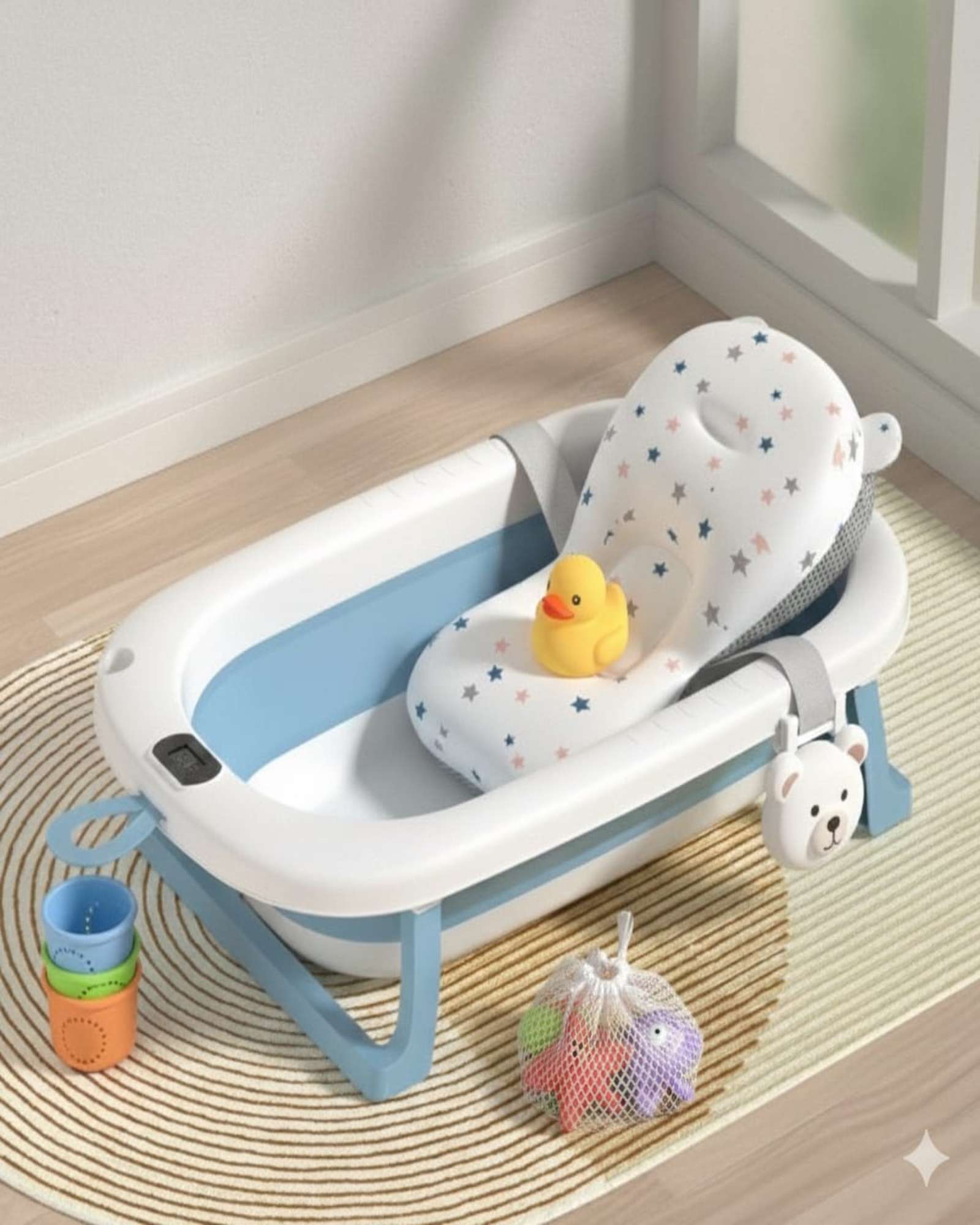 BAÑERA BEBE TINA PLEGABLE CON TERMOMETRO Y COJIN AZUL - 1