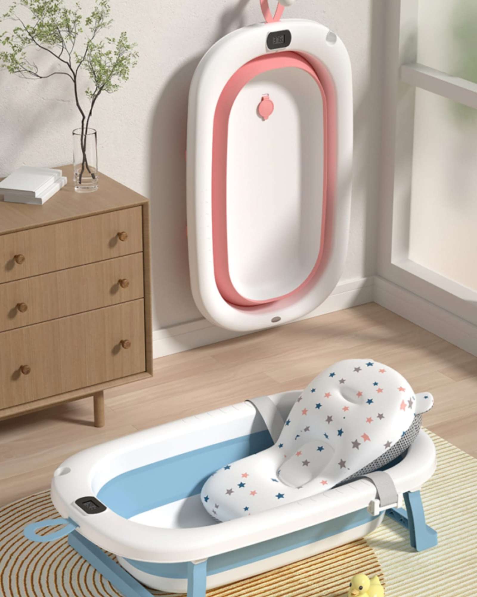 BAÑERA BEBE TINA PLEGABLE CON TERMOMETRO Y COJIN AZUL - 4