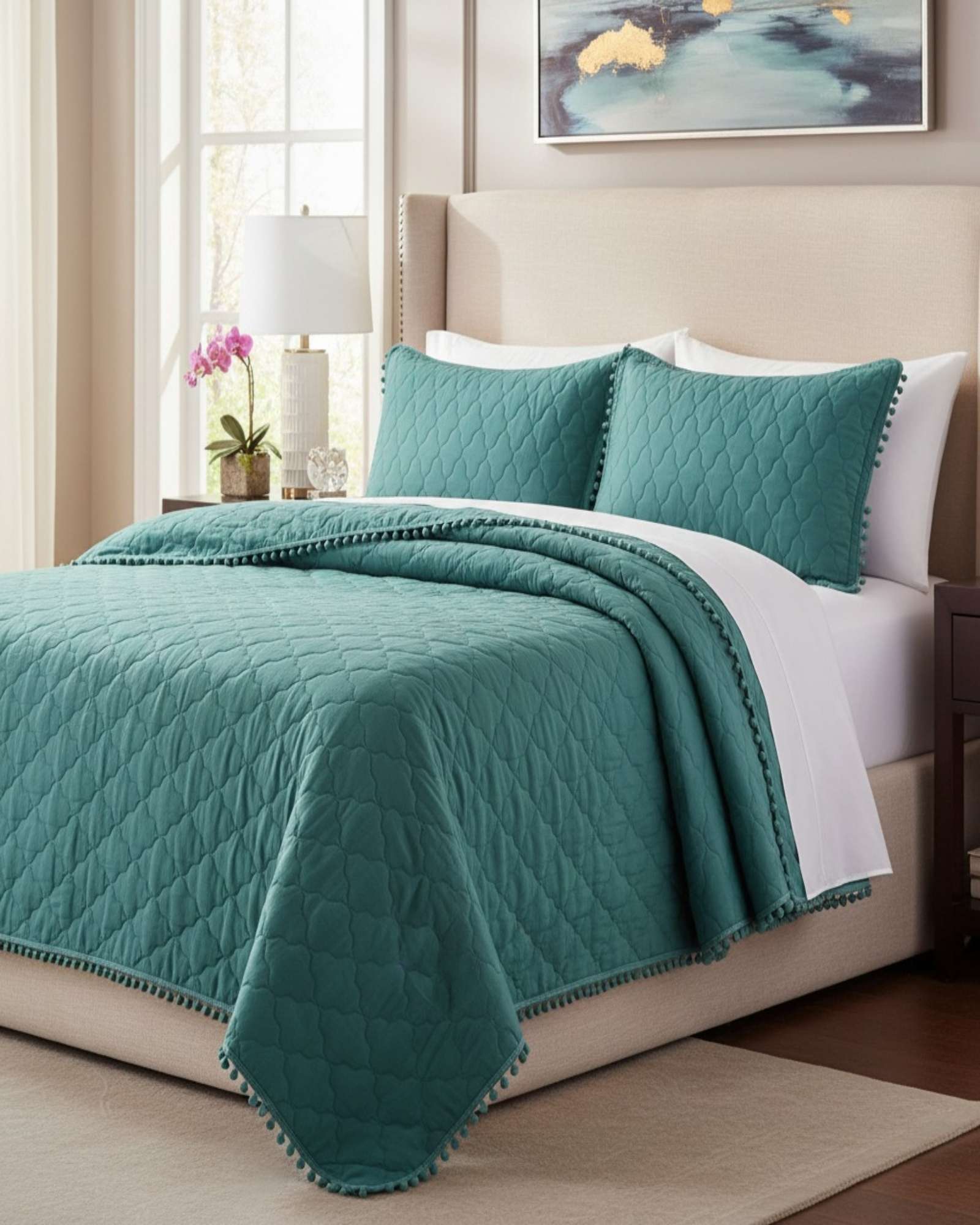 QUILT PREMIUM BLANCO BOHO-CHIC CON POMPONES KING-SUPERKING - 1