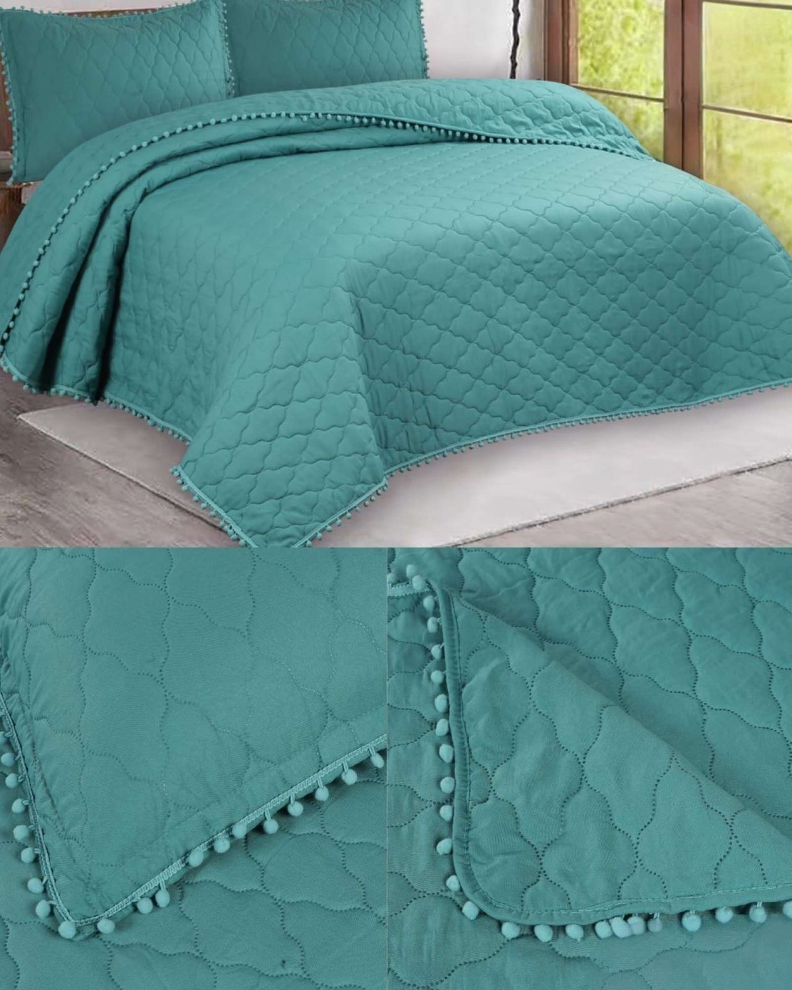 QUILT PREMIUM BLANCO BOHO-CHIC CON POMPONES KING-SUPERKING - 3