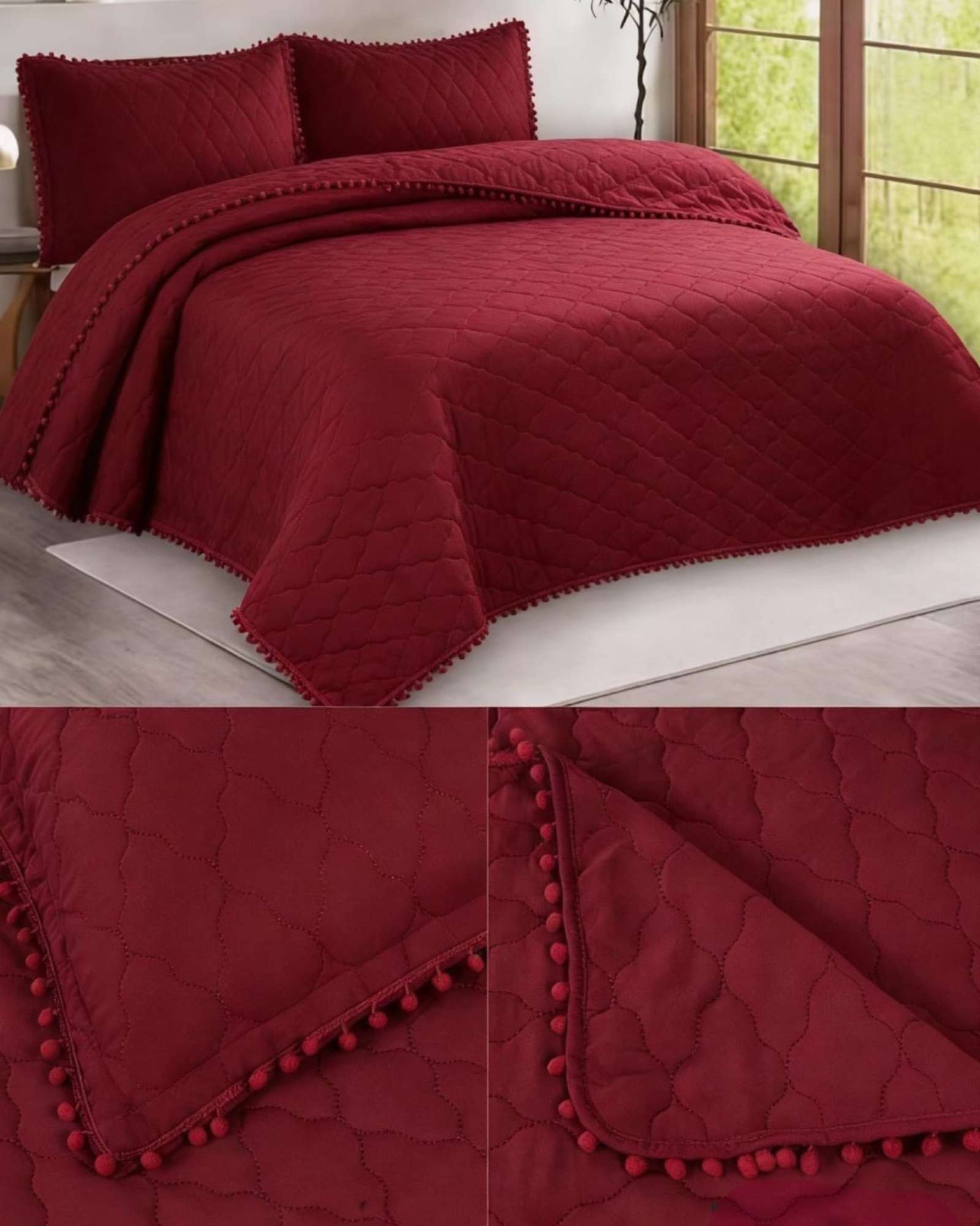 QUILT PREMIUM BLANCO BOHO-CHIC CON POMPONES PLAZA Y MEDIA - 3