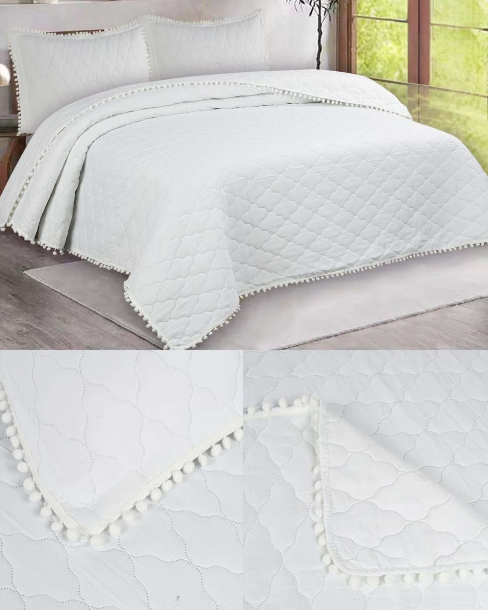 QUILT PREMIUM BLANCO BOHO-CHIC CON POMPONES PLAZA Y MEDIA - 3