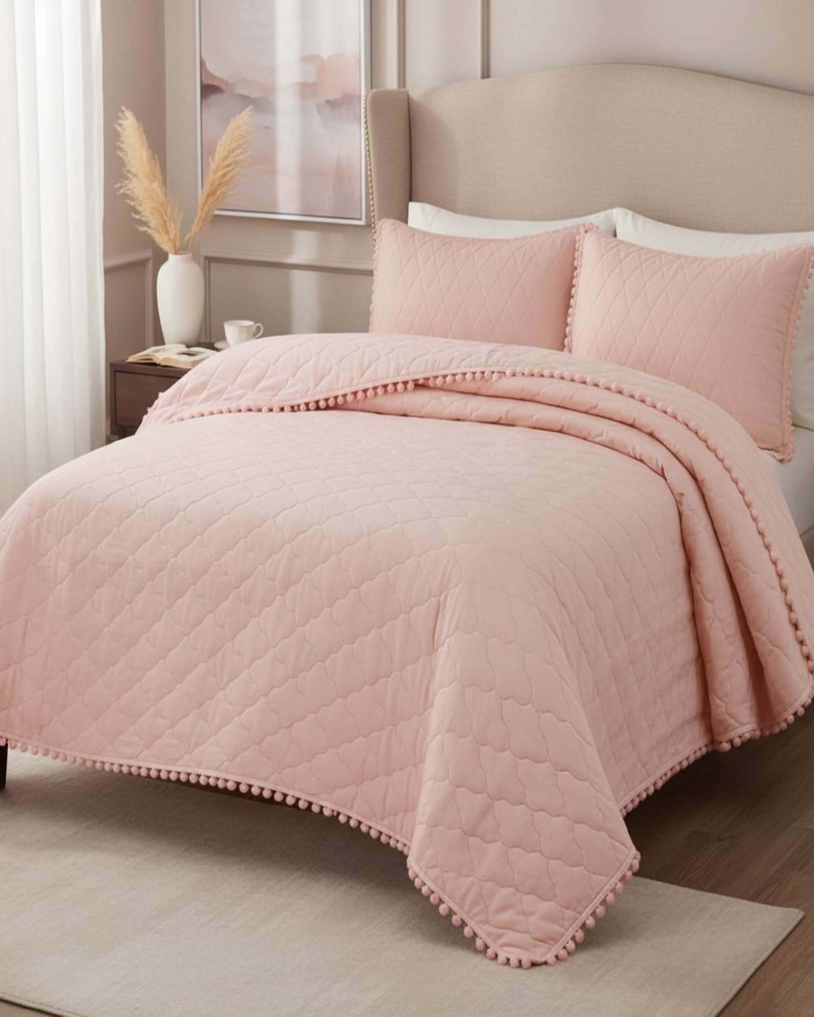 QUILT PREMIUM BLANCO BOHO-CHIC CON POMPONES KING-SUPERKING - 1