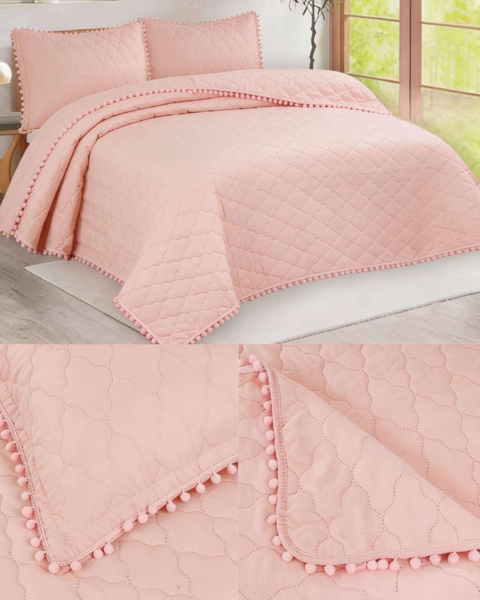 QUILT PREMIUM BLANCO BOHO-CHIC CON POMPONES KING-SUPERKING - 3