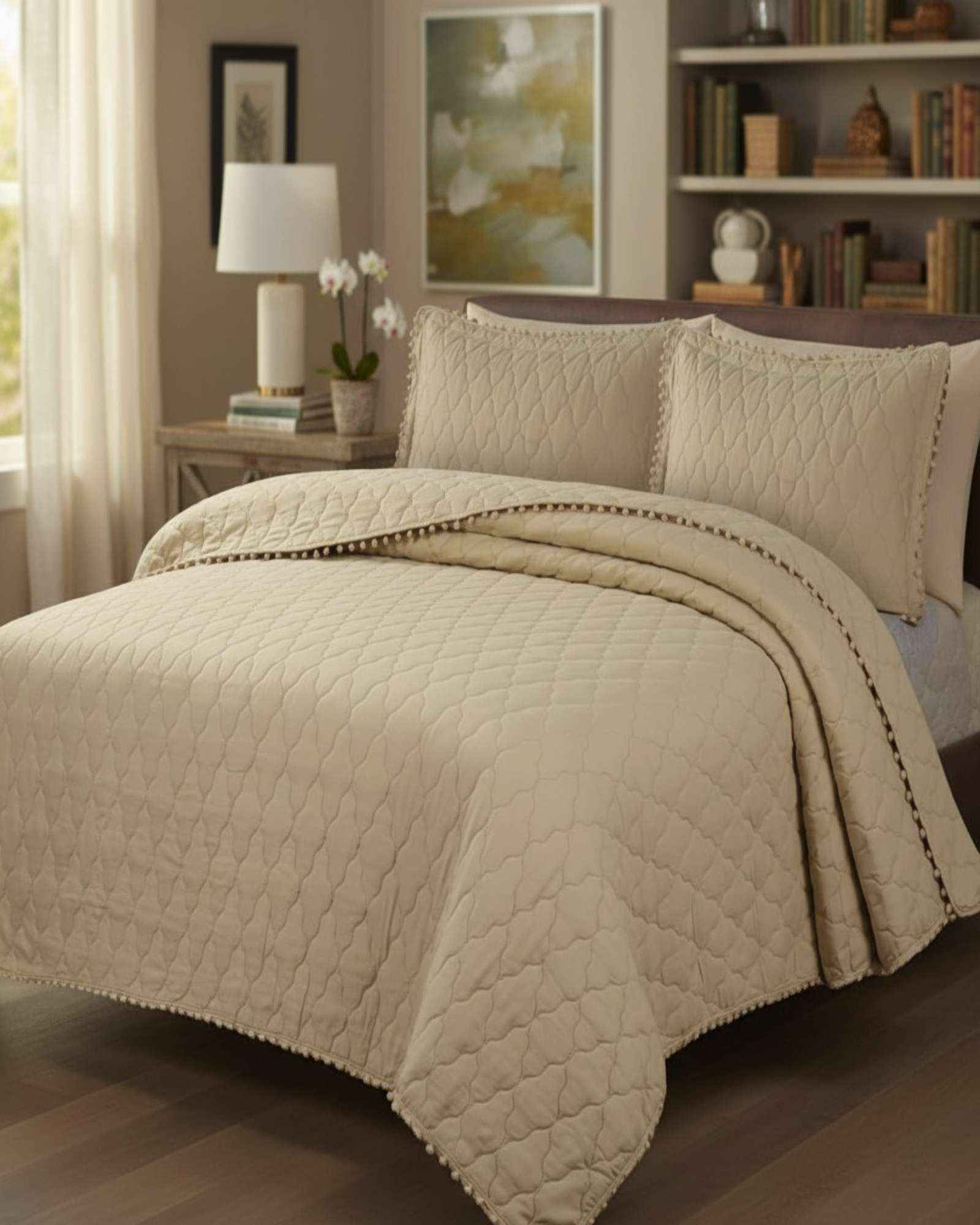 QUILT PREMIUM BLANCO BOHO-CHIC CON POMPONES PLAZA Y MEDIA - 1