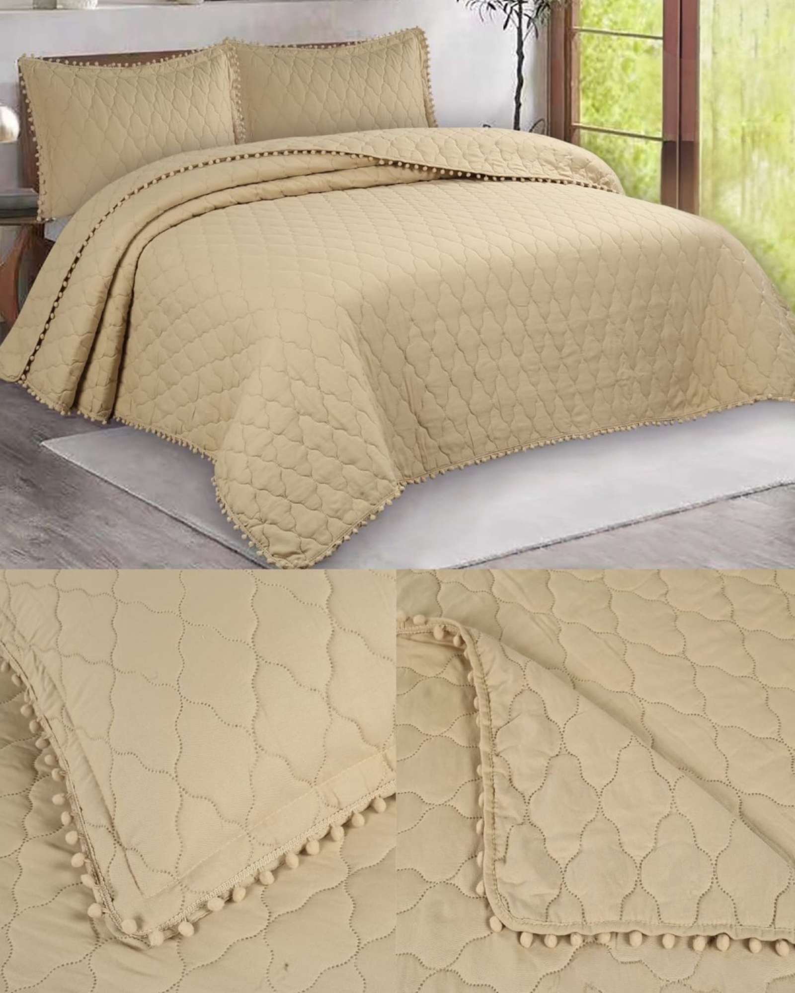 QUILT PREMIUM BLANCO BOHO-CHIC CON POMPONES PLAZA Y MEDIA - 3