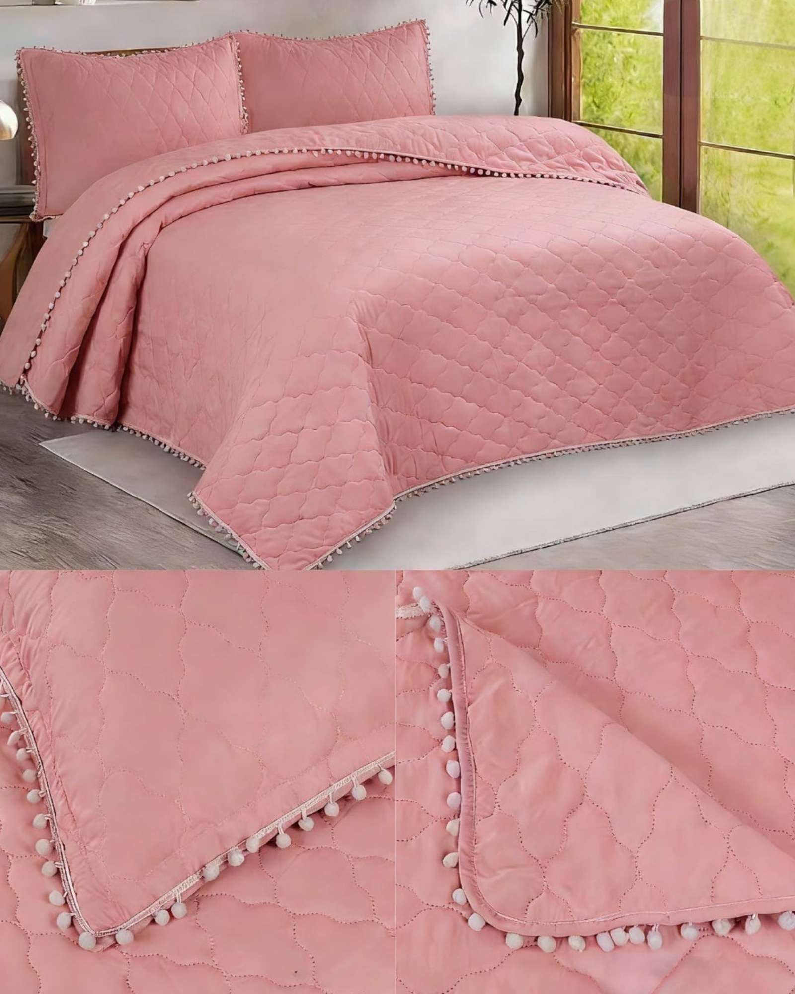 QUILT PREMIUM BLANCO BOHO-CHIC CON POMPONES 2 PLAZAS - 3