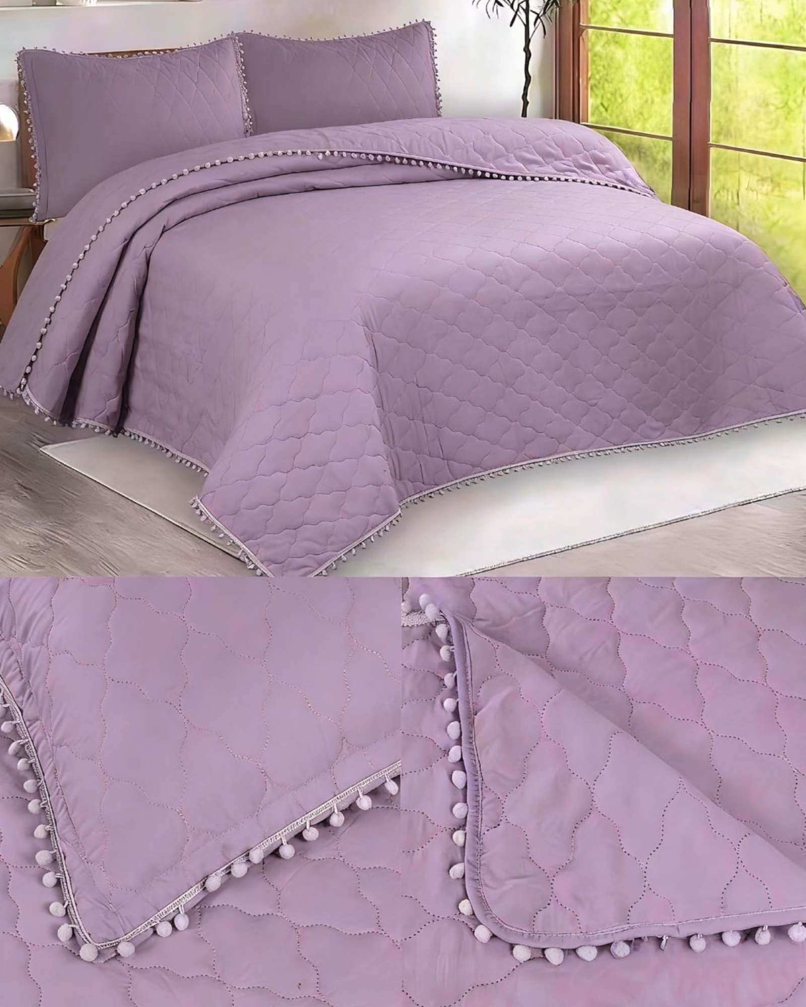 QUILT PREMIUM BLANCO BOHO-CHIC CON POMPONES PLAZA Y MEDIA - 3
