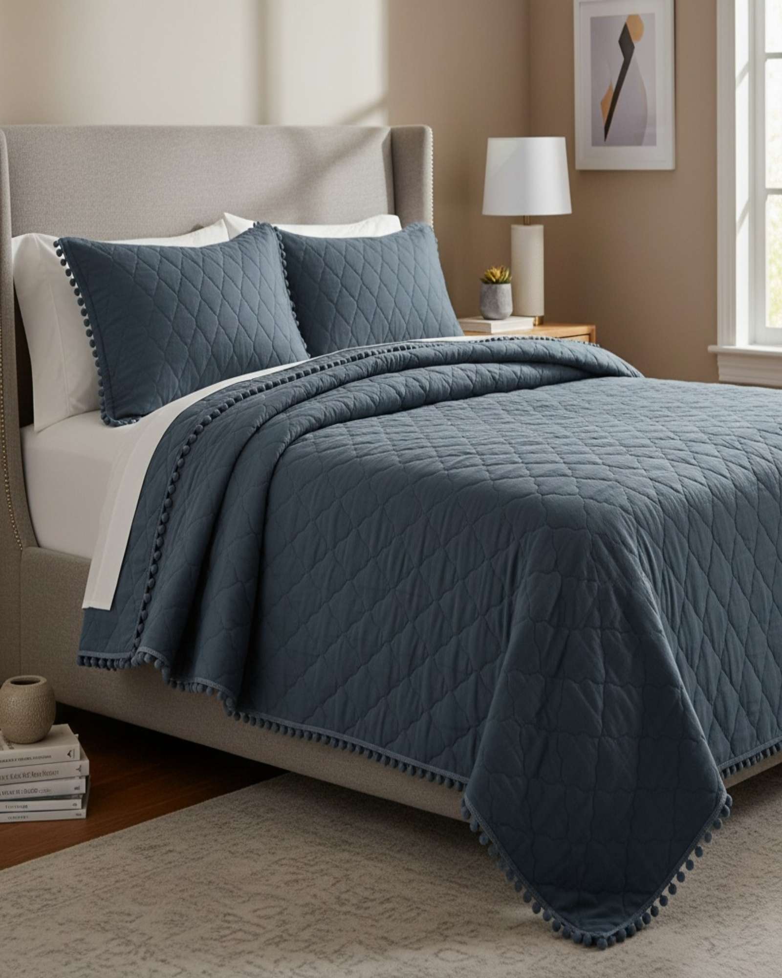 QUILT PREMIUM BLANCO BOHO-CHIC CON POMPONES KING-SUPERKING - 1