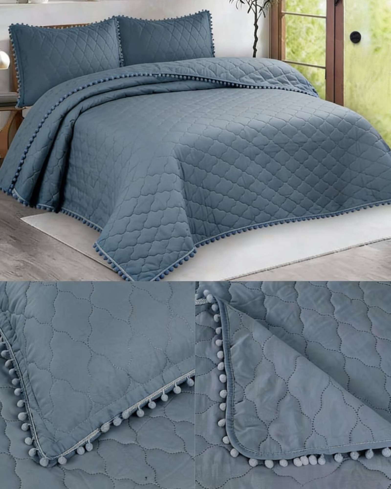 QUILT PREMIUM BLANCO BOHO-CHIC CON POMPONES KING-SUPERKING - 3
