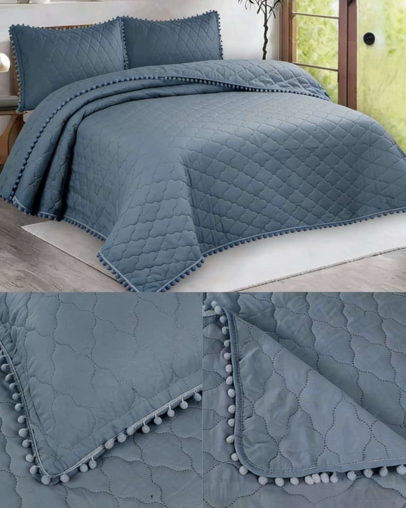 QUILT PREMIUM BLANCO BOHO-CHIC CON POMPONES PLAZA Y MEDIA - 3