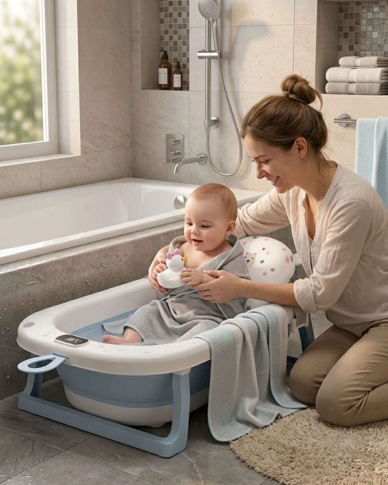 BAÑERA PLEGABLE AZUL PARA BEBE  CON TERMOMETRO DIGITAL Y COJIN DE SOPORTE ESTRELLAS - 1