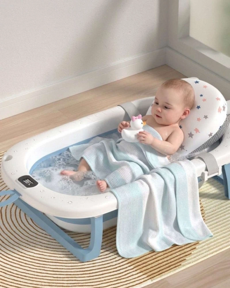 BAÑERA PLEGABLE AZUL PARA BEBE  CON TERMOMETRO DIGITAL Y COJIN DE SOPORTE ESTRELLAS - 2