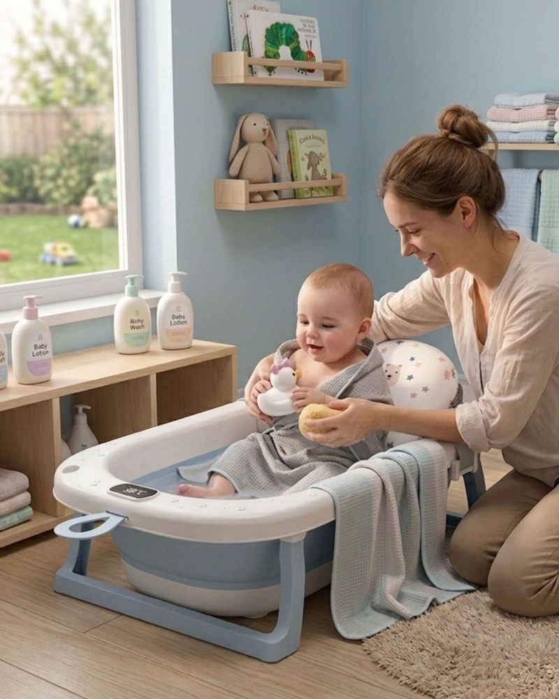 BAÑERA PLEGABLE AZUL PARA BEBE  CON TERMOMETRO DIGITAL Y COJIN DE SOPORTE ESTRELLAS - 3