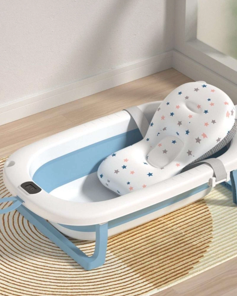 BAÑERA PLEGABLE AZUL PARA BEBE  CON TERMOMETRO DIGITAL Y COJIN DE SOPORTE ESTRELLAS - 4