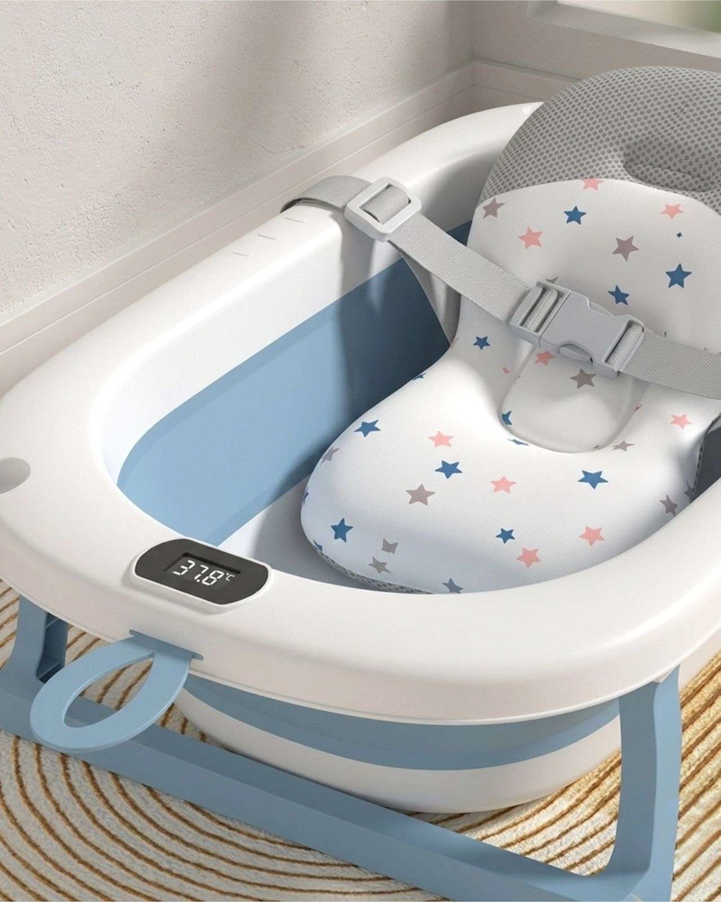 BAÑERA PLEGABLE AZUL PARA BEBE  CON TERMOMETRO DIGITAL Y COJIN DE SOPORTE ESTRELLAS - 5