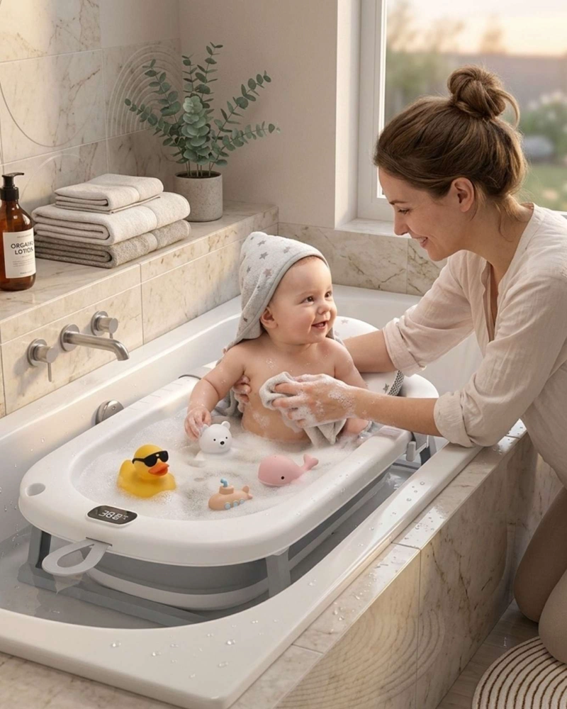 BAÑERA PLEGABLE GRIS PARA BEBE  CON TERMOMETRO DIGITAL Y COJIN DE SOPORTE ESTRELLAS - 1