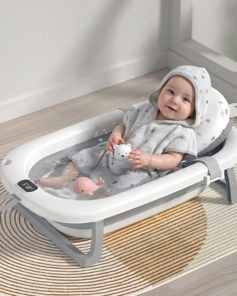BAÑERA PLEGABLE GRIS PARA BEBE  CON TERMOMETRO DIGITAL Y COJIN DE SOPORTE ESTRELLAS - 2