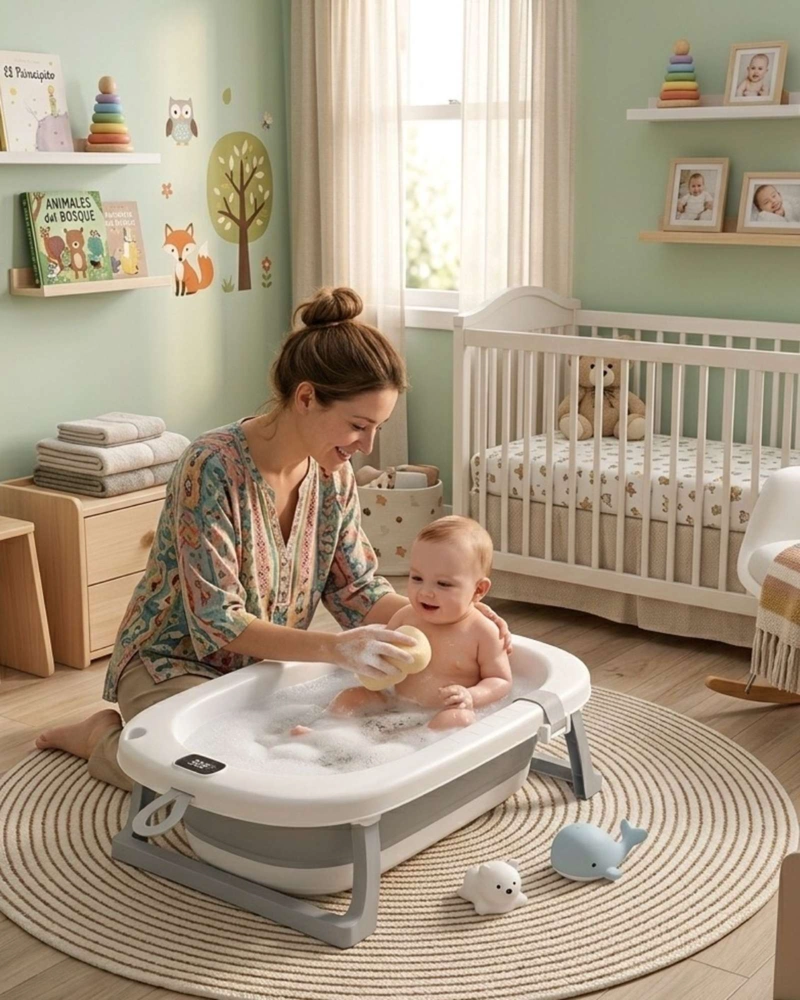 BAÑERA PLEGABLE GRIS PARA BEBE  CON TERMOMETRO DIGITAL Y COJIN DE SOPORTE ESTRELLAS - 3