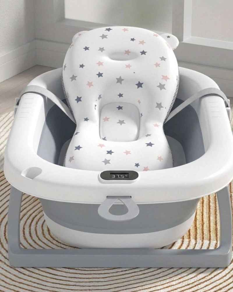 BAÑERA PLEGABLE GRIS PARA BEBE  CON TERMOMETRO DIGITAL Y COJIN DE SOPORTE ESTRELLAS - 5
