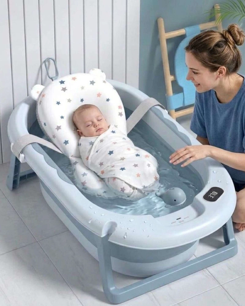 BAÑERA PLEGABLE AZUL ERGONOMICA PARA BEBE  CON COJIN DE SEGURIDAD Y TERMOMETRO DIGITAL - 1