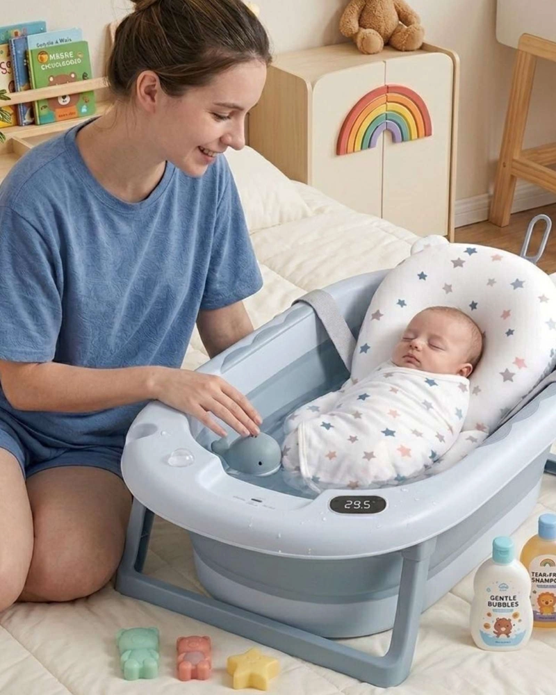 BAÑERA PLEGABLE AZUL ERGONOMICA PARA BEBE  CON COJIN DE SEGURIDAD Y TERMOMETRO DIGITAL - 2