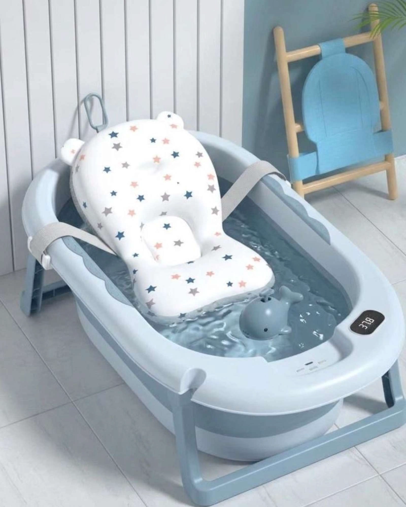 BAÑERA PLEGABLE AZUL ERGONOMICA PARA BEBE  CON COJIN DE SEGURIDAD Y TERMOMETRO DIGITAL - 3