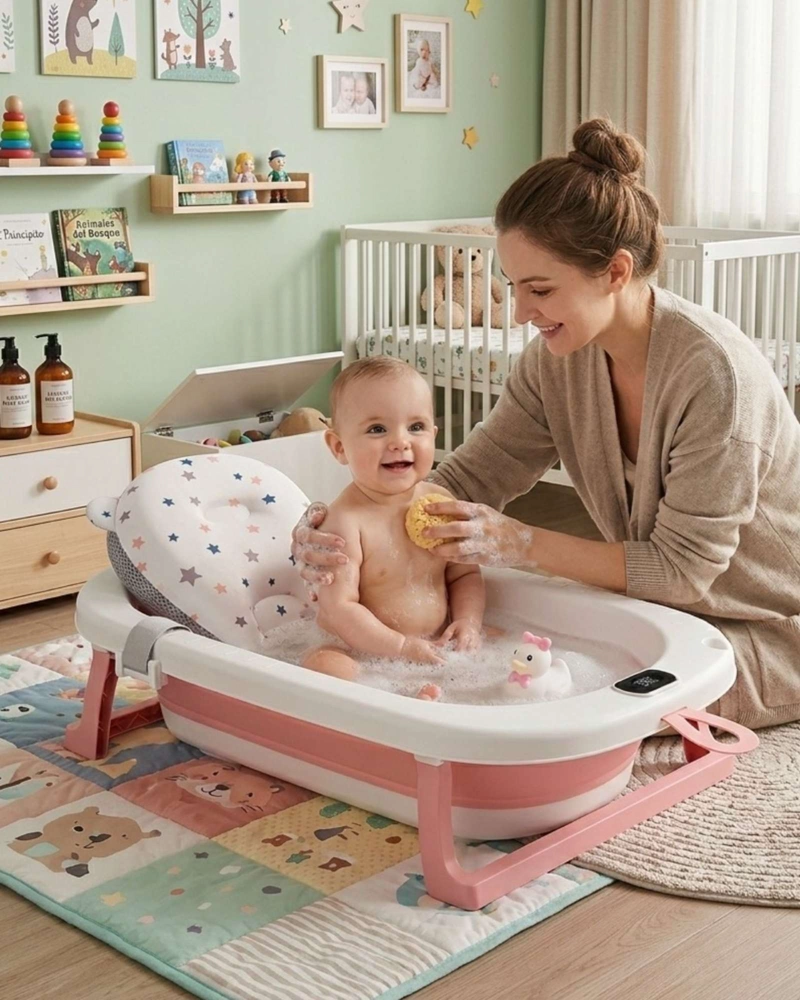 BAÑERA PLEGABLE ROSADA PARA BEBE  CON TERMOMETRO DIGITAL Y COJIN DE SOPORTE ESTRELLAS - 1