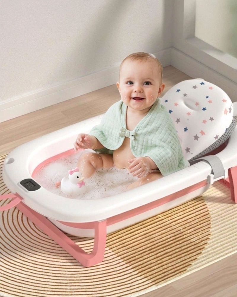BAÑERA PLEGABLE ROSADA PARA BEBE  CON TERMOMETRO DIGITAL Y COJIN DE SOPORTE ESTRELLAS - 2