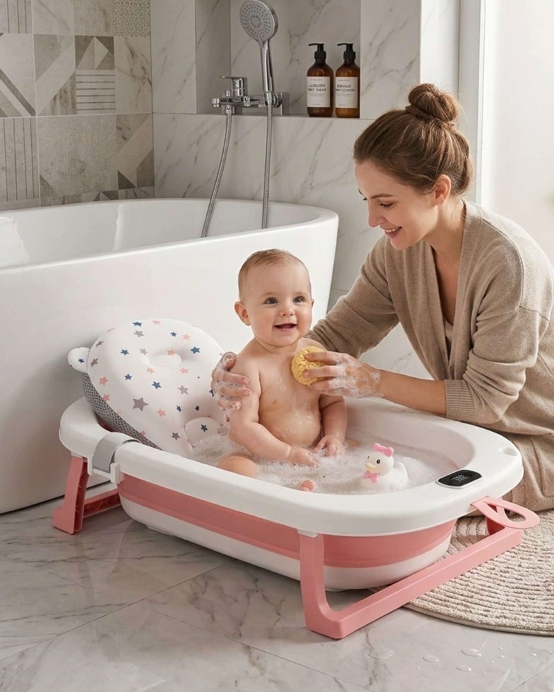 BAÑERA PLEGABLE ROSADA PARA BEBE  CON TERMOMETRO DIGITAL Y COJIN DE SOPORTE ESTRELLAS - 3