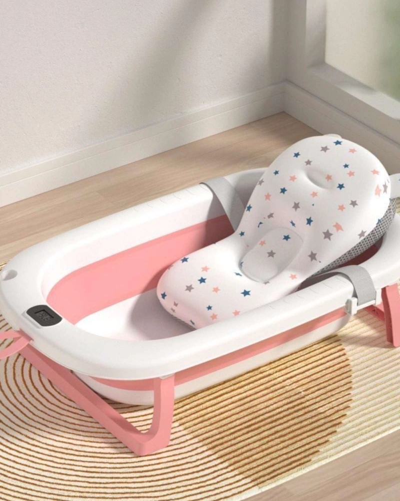 BAÑERA PLEGABLE ROSADA PARA BEBE  CON TERMOMETRO DIGITAL Y COJIN DE SOPORTE ESTRELLAS - 4