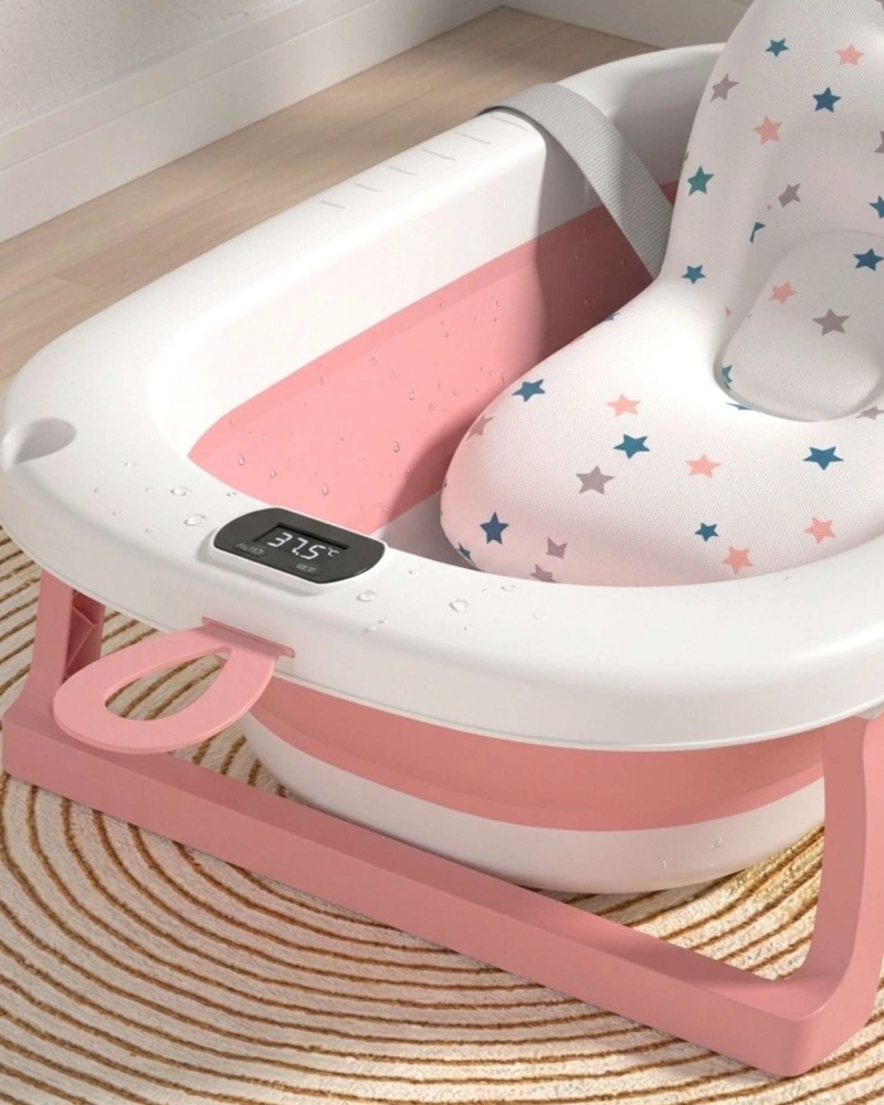 BAÑERA PLEGABLE ROSADA PARA BEBE  CON TERMOMETRO DIGITAL Y COJIN DE SOPORTE ESTRELLAS - 5
