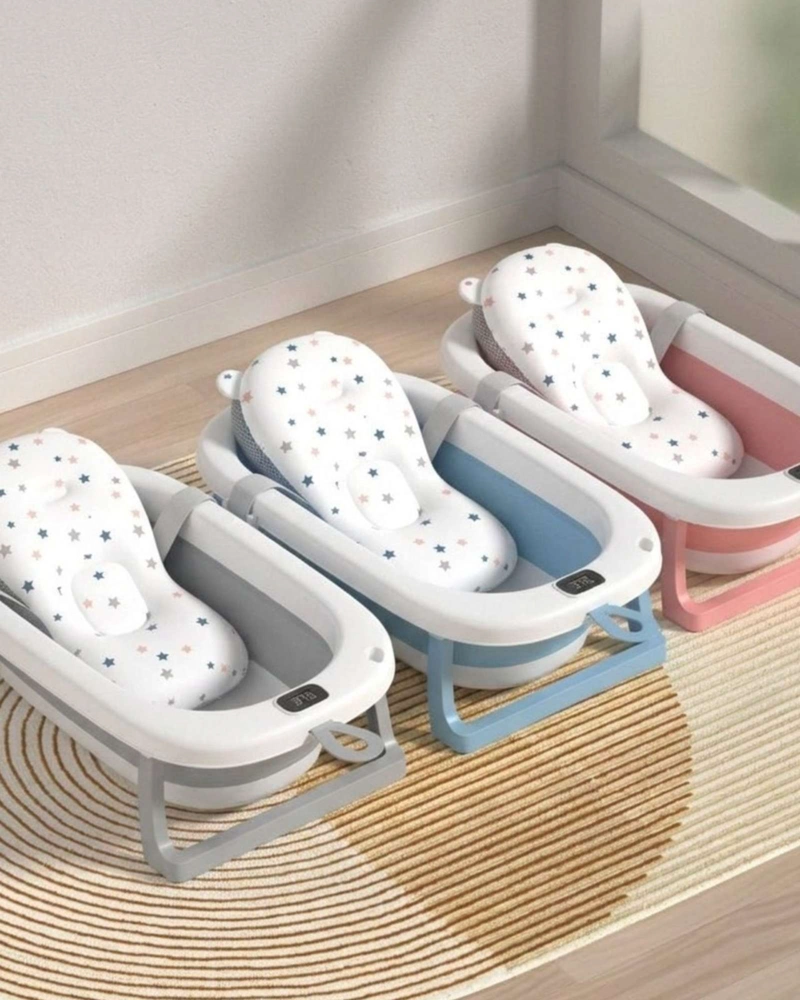 BAÑERA PLEGABLE ROSADA PARA BEBE  CON TERMOMETRO DIGITAL Y COJIN DE SOPORTE ESTRELLAS - 6