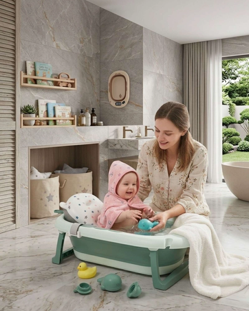 BAÑERA PLEGABLE VERDE ERGONOMICA PARA BEBE  CON COJIN DE SEGURIDAD Y TERMOMETRO DIGITAL - 1