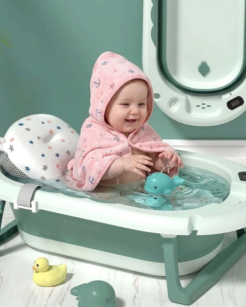 BAÑERA PLEGABLE VERDE ERGONOMICA PARA BEBE  CON COJIN DE SEGURIDAD Y TERMOMETRO DIGITAL - 2