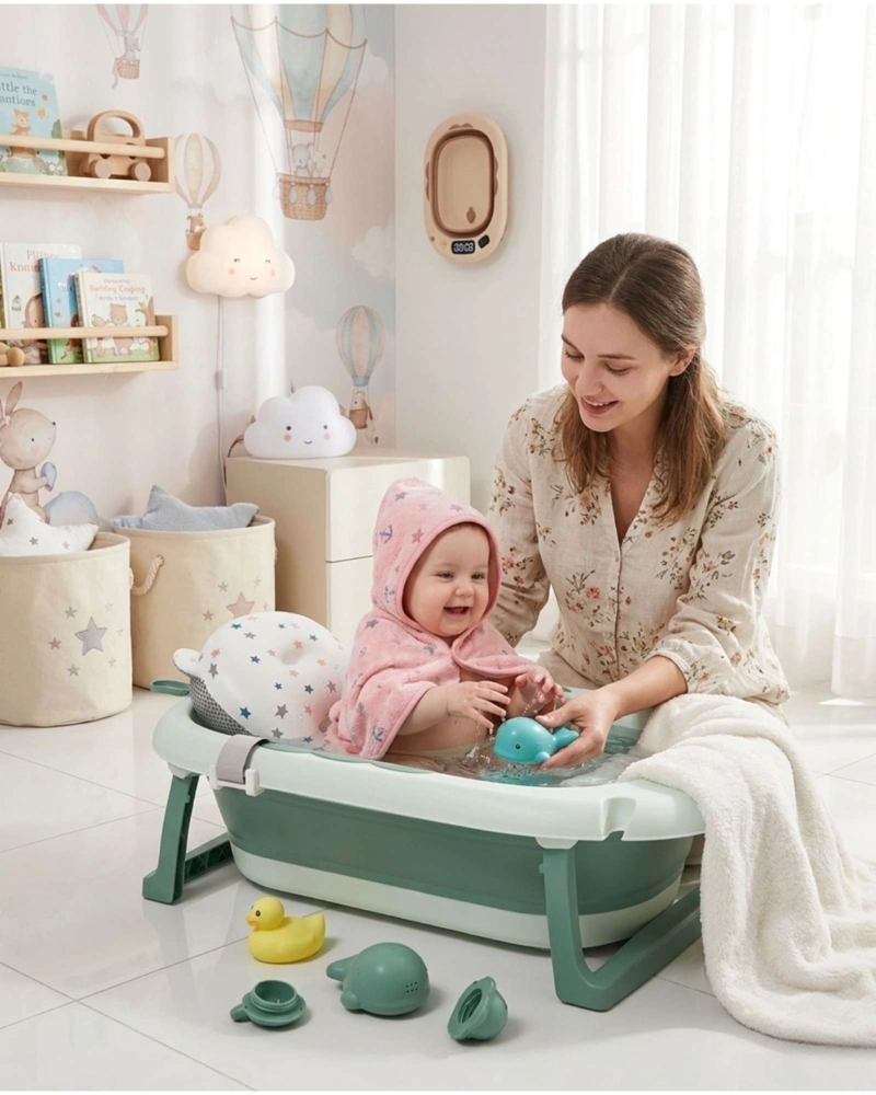 BAÑERA PLEGABLE VERDE ERGONOMICA PARA BEBE  CON COJIN DE SEGURIDAD Y TERMOMETRO DIGITAL - 3