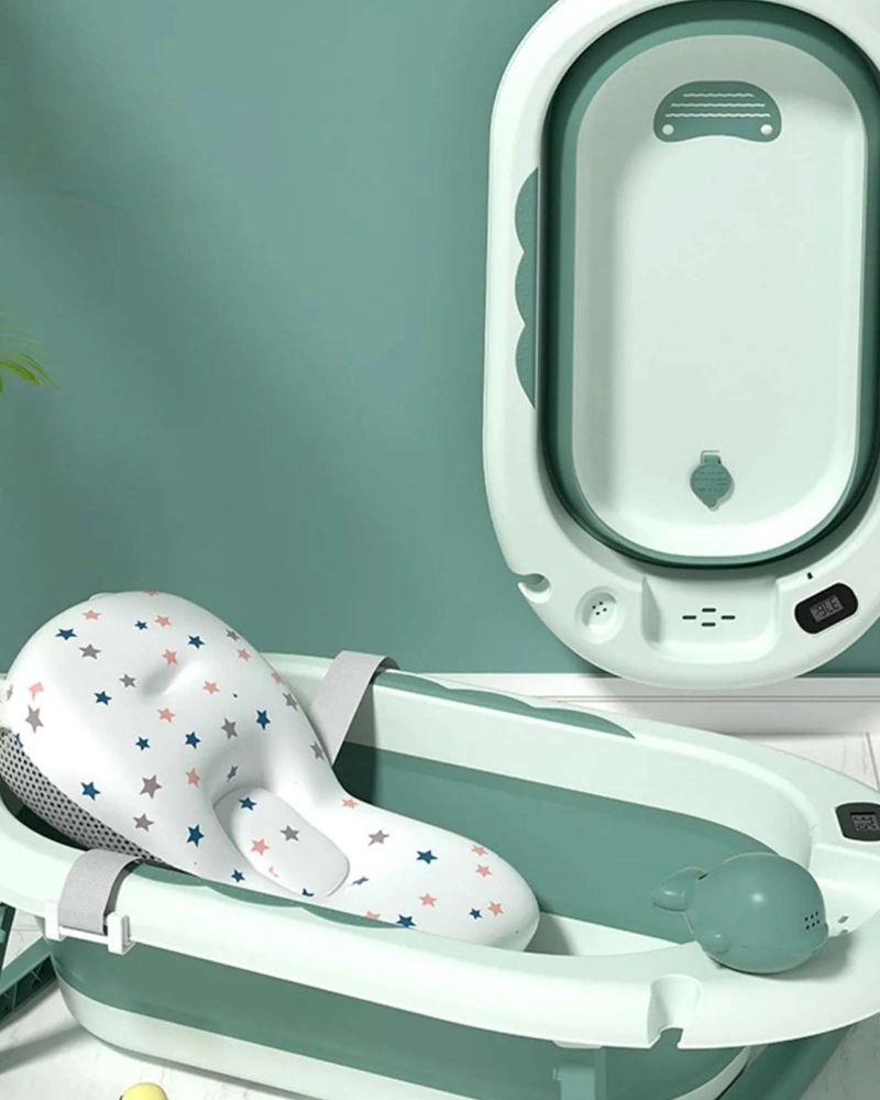 BAÑERA PLEGABLE VERDE ERGONOMICA PARA BEBE  CON COJIN DE SEGURIDAD Y TERMOMETRO DIGITAL - 4