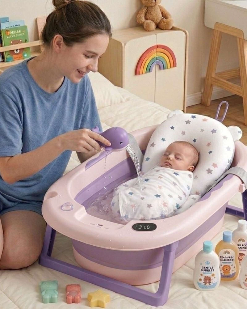 BAÑERA PLEGABLE LILA ERGONOMICA PARA BEBE  CON COJIN DE SEGURIDAD Y TERMOMETRO DIGITAL - 2
