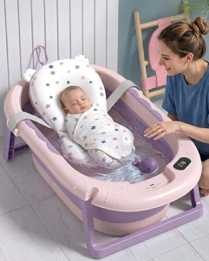 BAÑERA PLEGABLE LILA ERGONOMICA PARA BEBE  CON COJIN DE SEGURIDAD Y TERMOMETRO DIGITAL - 3